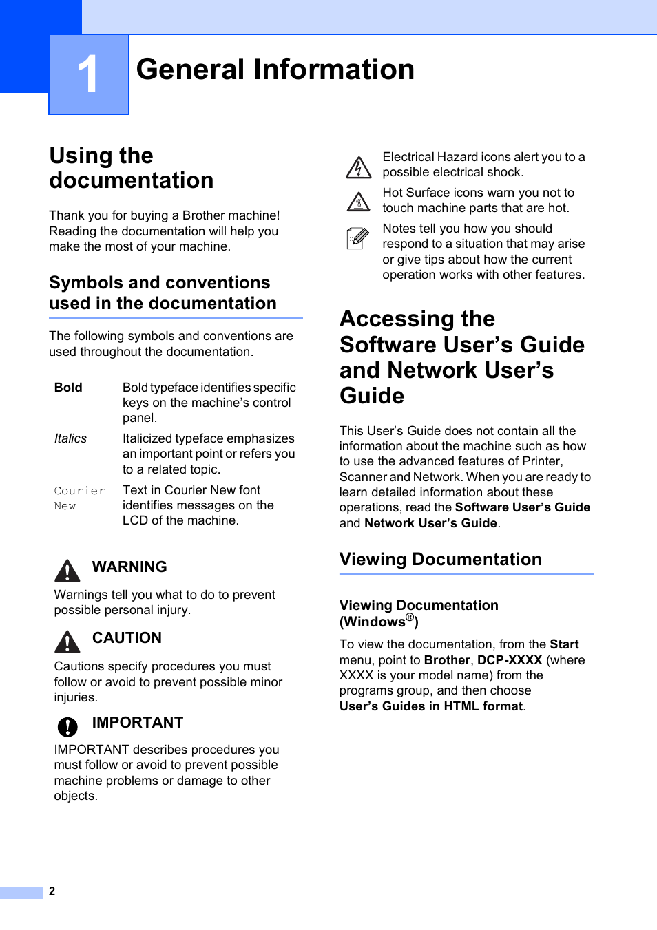 1 general information, Using the documentation, Symbols and conventions used in the documentation | Viewing documentation, Viewing documentation (windows®), General information, Warning, Caution, Important | Brother DCP-395CN User Manual | Page 14 / 140