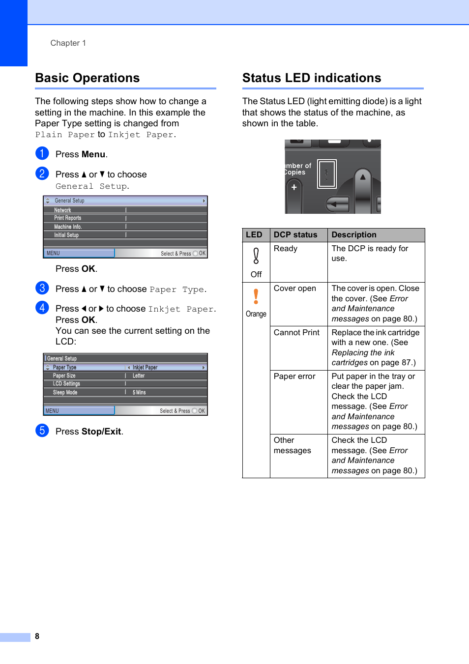 Basic operations, Status led indications, Basic operations status led indications | Press menu, Press a or b to choose general setup, Press ok, Press a or b to choose paper type, Press stop/exit | Brother DCP-395CN User Manual | Page 20 / 140