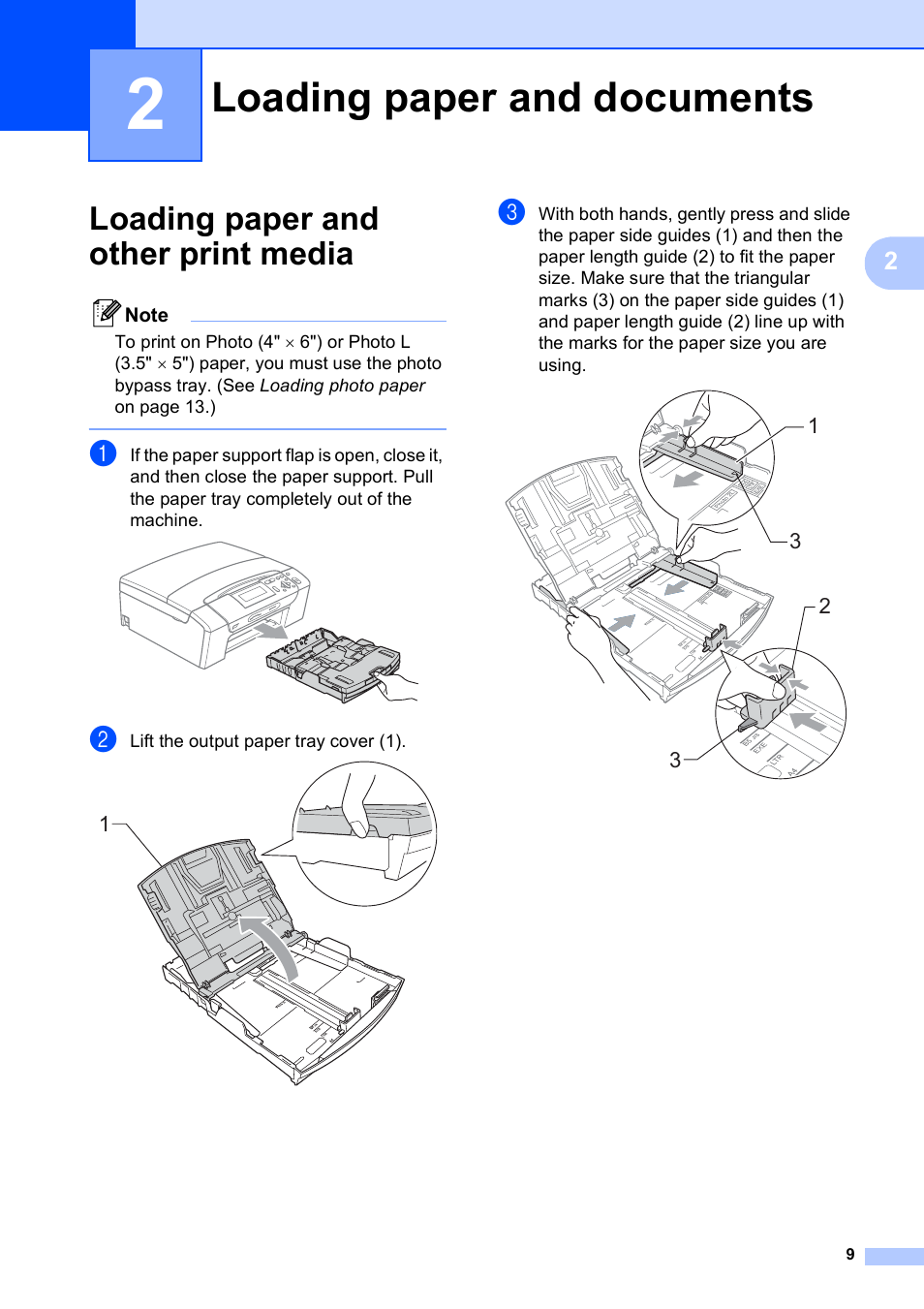 2 loading paper and documents, Loading paper and other print media, Loading paper and documents | Brother DCP-395CN User Manual | Page 21 / 140