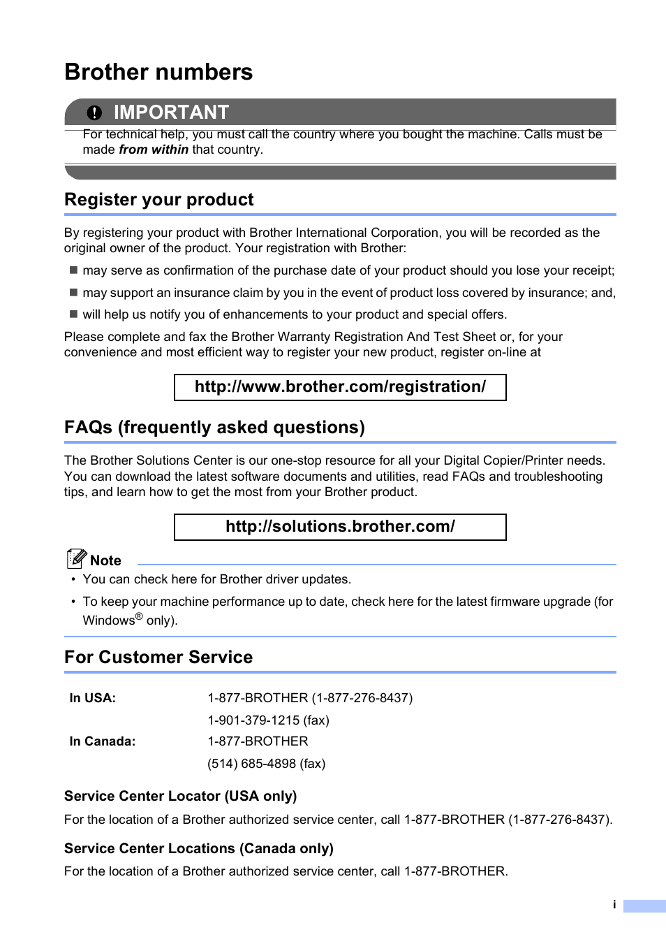 Brother numbers, Register your product, Faqs (frequently asked questions) | For customer service, Important | Brother DCP-395CN User Manual | Page 3 / 140