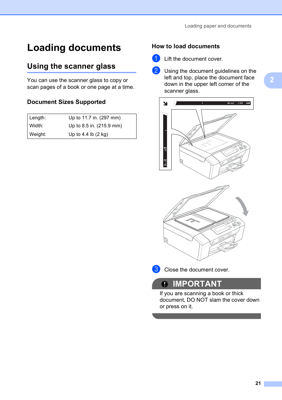Loading documents, Using the scanner glass, Document sizes supported | How to load documents, Important | Brother DCP-395CN User Manual | Page 33 / 140
