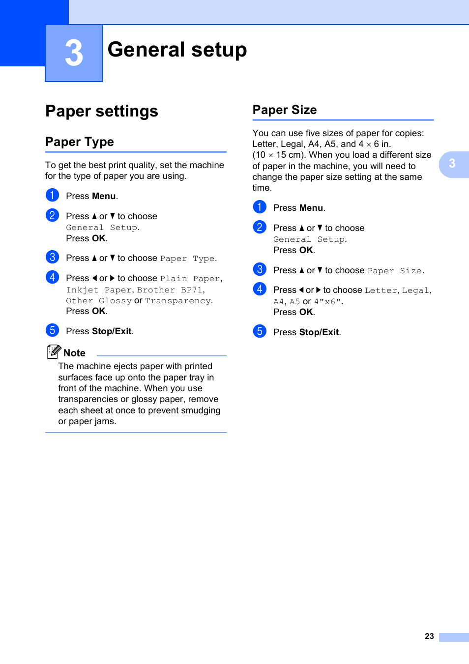 3 general setup, Paper settings, Paper type | Paper size, General setup, Paper type paper size | Brother DCP-395CN User Manual | Page 35 / 140