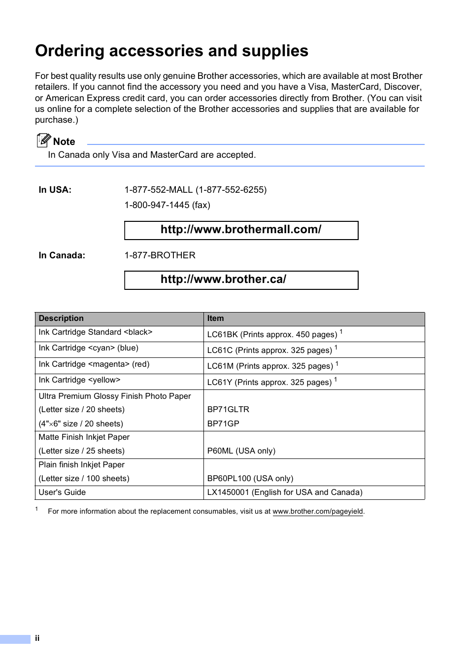 Ordering accessories and supplies | Brother DCP-395CN User Manual | Page 4 / 140