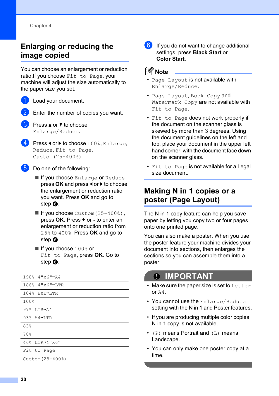 Enlarging or reducing the image copied, Important, Making n in 1 copies or a poster (page layout) | Brother DCP-395CN User Manual | Page 42 / 140