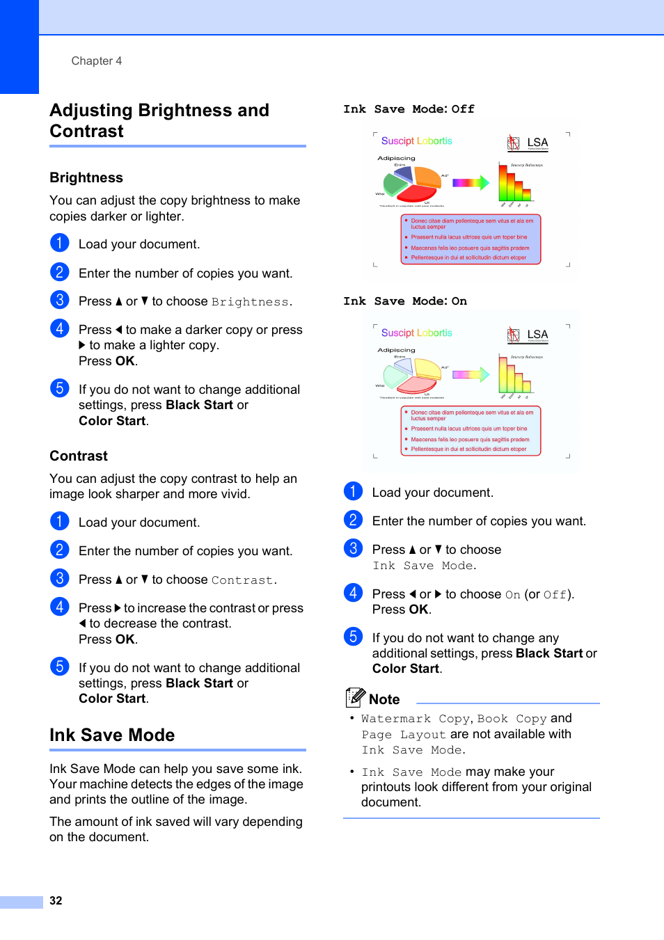 Adjusting brightness and contrast, Brightness, Contrast | Ink save mode, Adjusting brightness and contrast ink save mode | Brother DCP-395CN User Manual | Page 44 / 140
