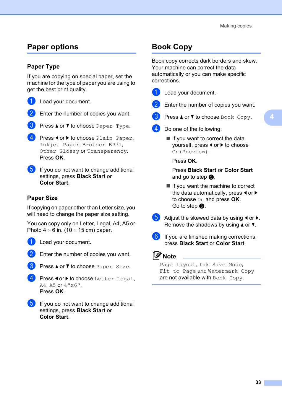 Paper options, Paper type, Paper size | Book copy, Paper options book copy, 4paper options | Brother DCP-395CN User Manual | Page 45 / 140