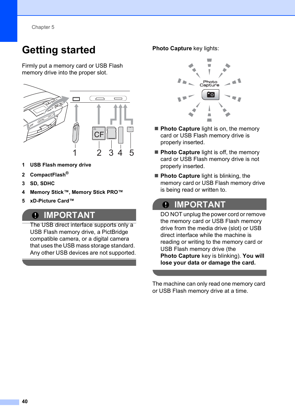 Getting started, Important | Brother DCP-395CN User Manual | Page 52 / 140