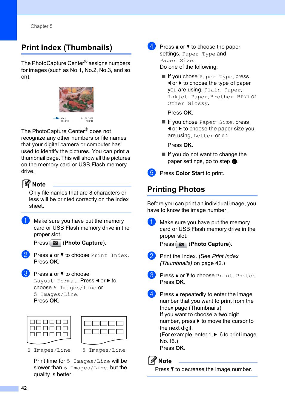 Print index (thumbnails), Printing photos, Print index (thumbnails) printing photos | Brother DCP-395CN User Manual | Page 54 / 140