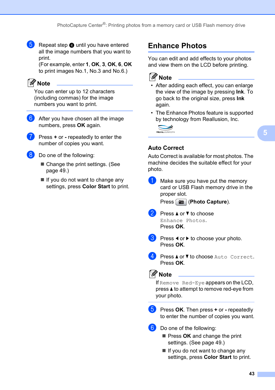 Enhance photos, Auto correct | Brother DCP-395CN User Manual | Page 55 / 140