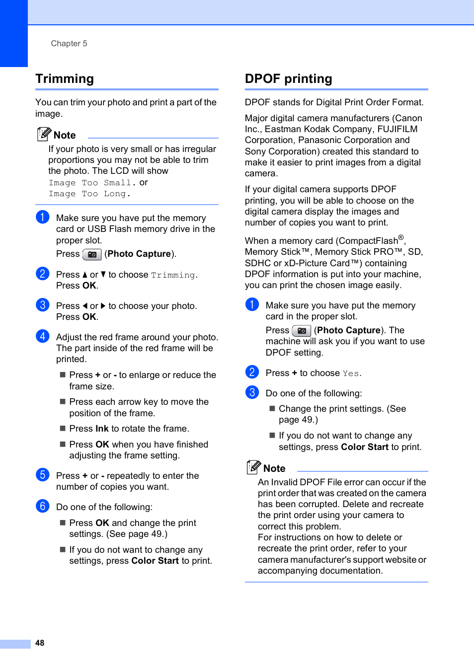 Trimming, Dpof printing, Trimming dpof printing | Brother DCP-395CN User Manual | Page 60 / 140