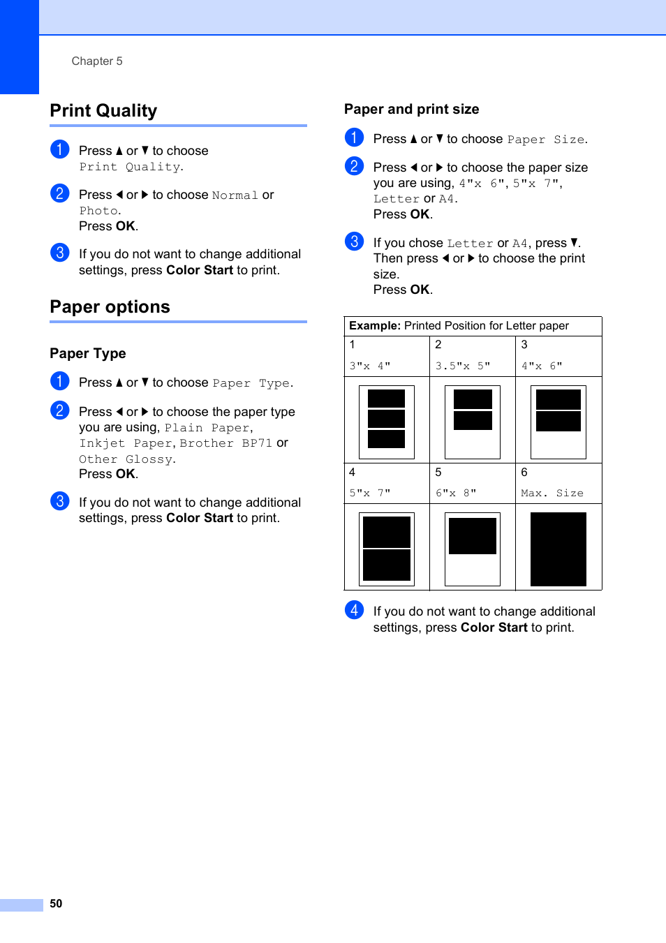 Print quality, Paper options, Paper type | Paper and print size, Print quality paper options | Brother DCP-395CN User Manual | Page 62 / 140