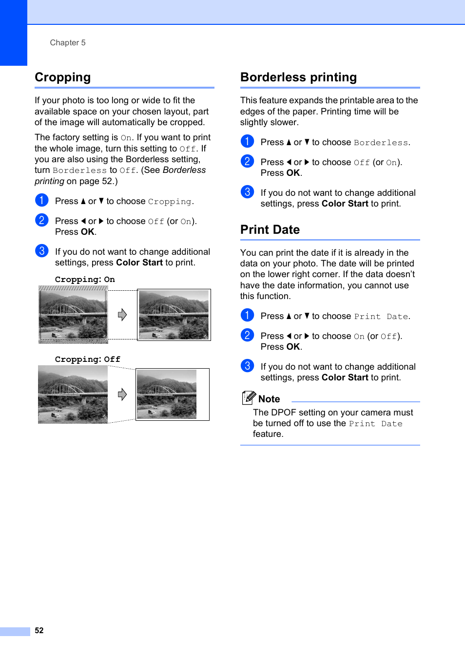 Cropping, Borderless printing, Print date | Cropping borderless printing print date | Brother DCP-395CN User Manual | Page 64 / 140