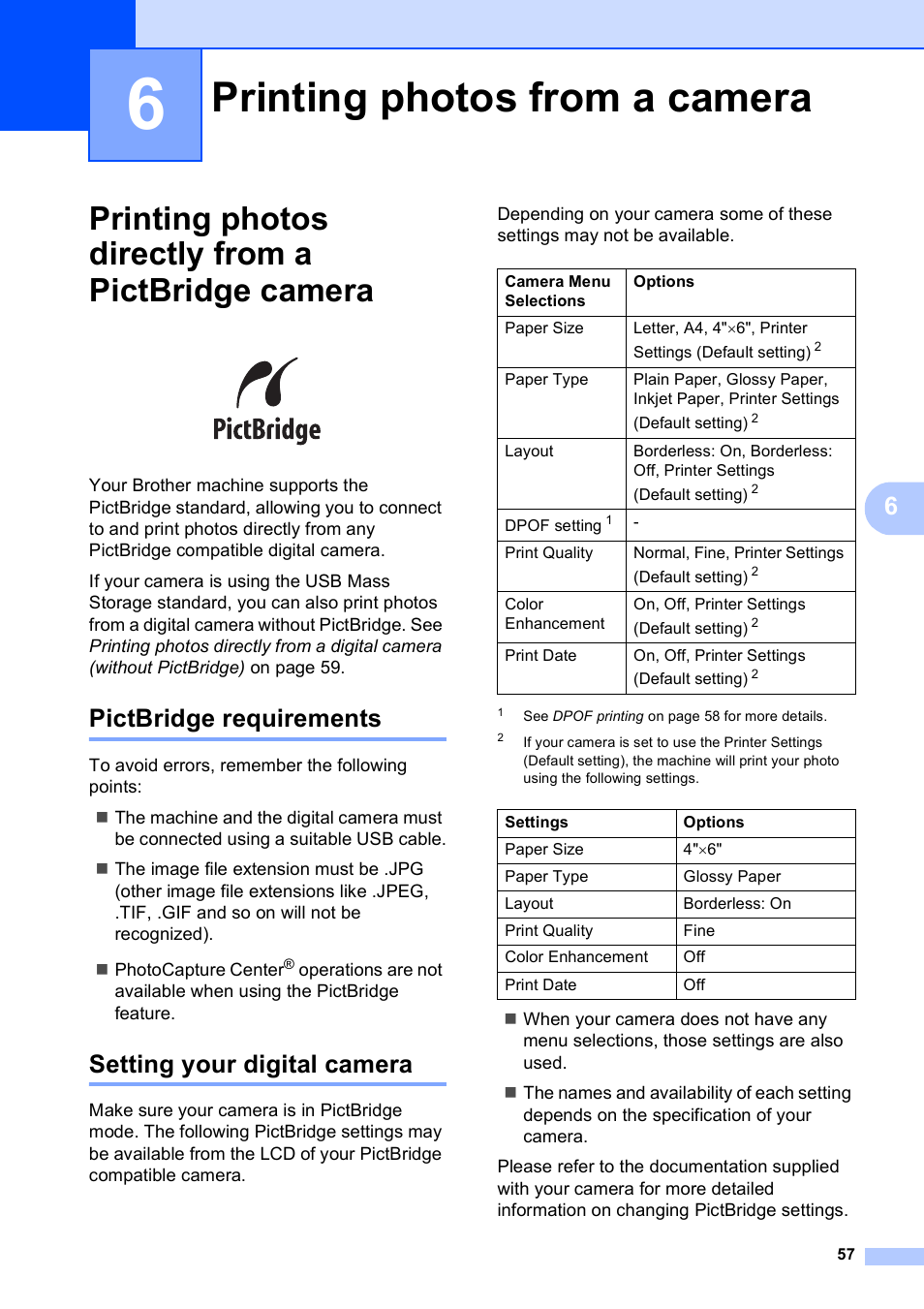 6 printing photos from a camera, Printing photos directly from a pictbridge camera, Pictbridge requirements | Setting your digital camera, Printing photos from a camera | Brother DCP-395CN User Manual | Page 69 / 140