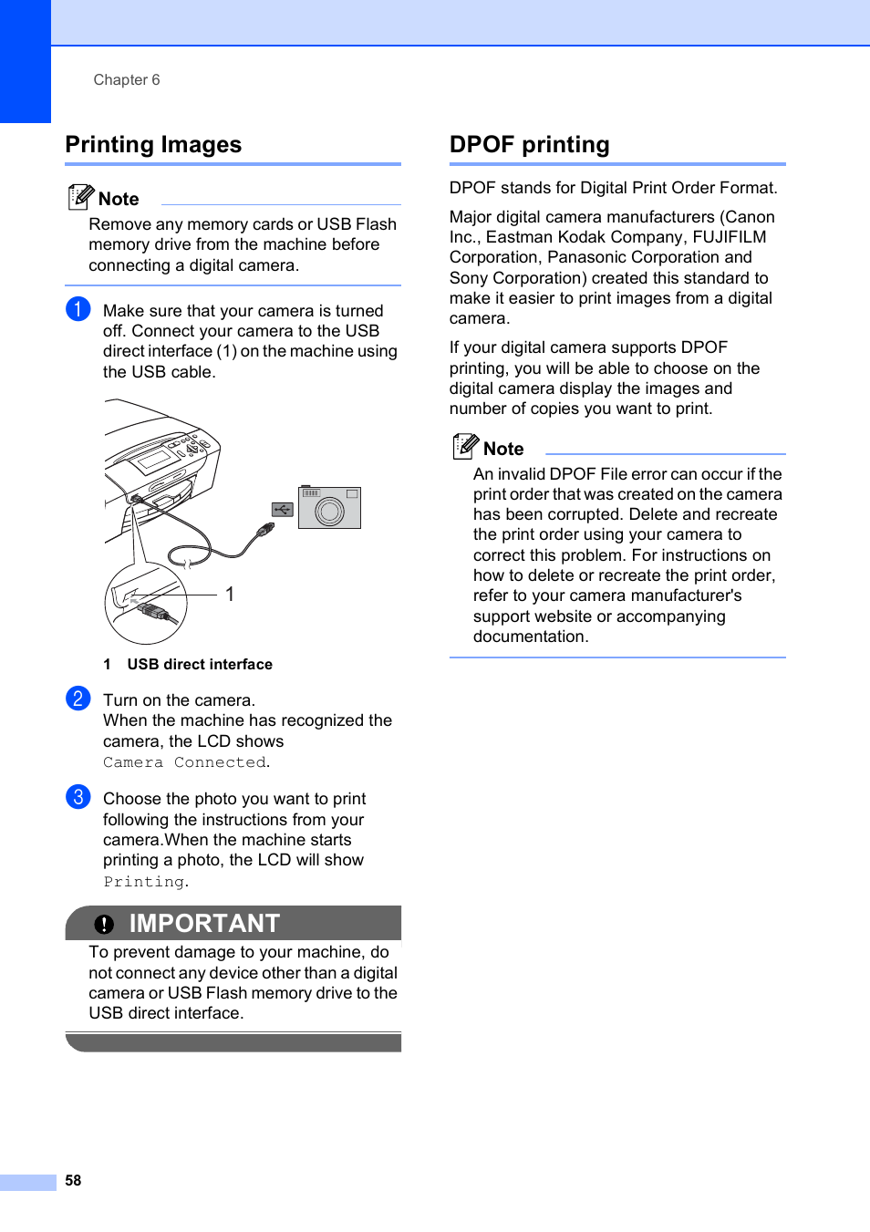Printing images, Dpof printing, Printing images dpof printing | Important | Brother DCP-395CN User Manual | Page 70 / 140
