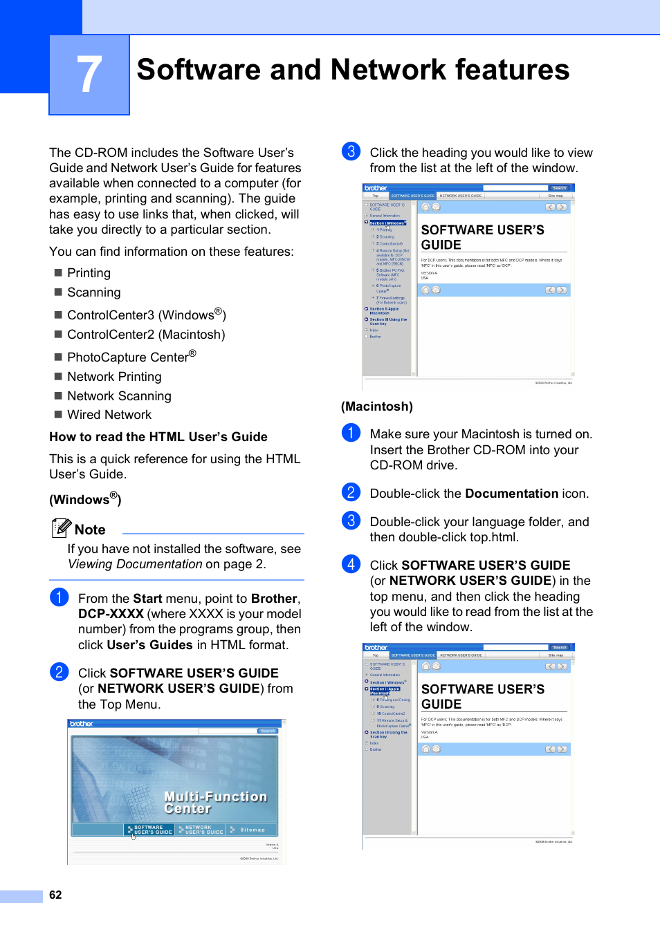 7 software and network features, Software and network features | Brother DCP-395CN User Manual | Page 74 / 140
