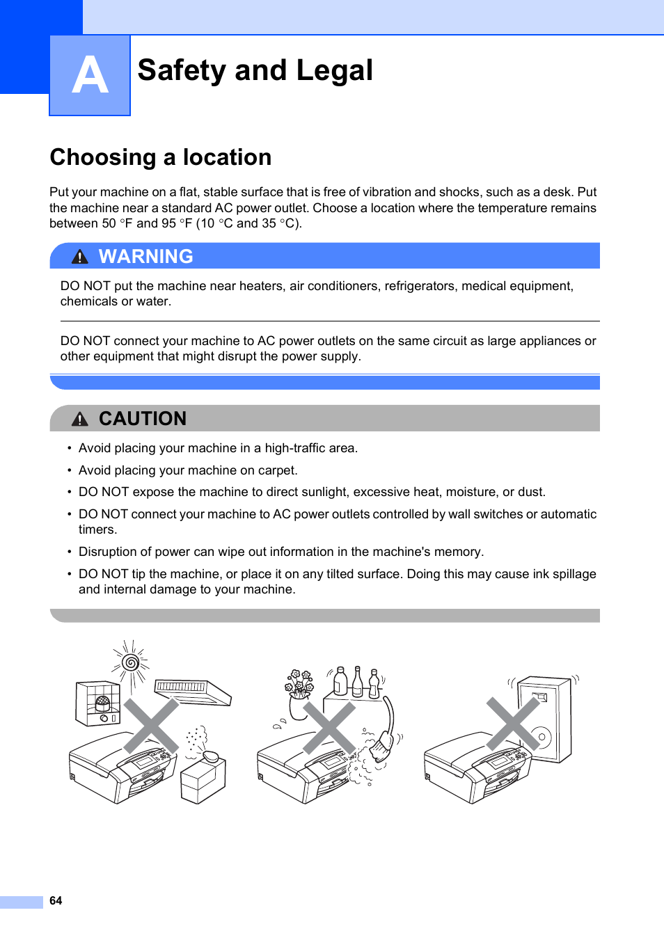 A safety and legal, Choosing a location, Safety and legal | Warning, Caution | Brother DCP-395CN User Manual | Page 76 / 140