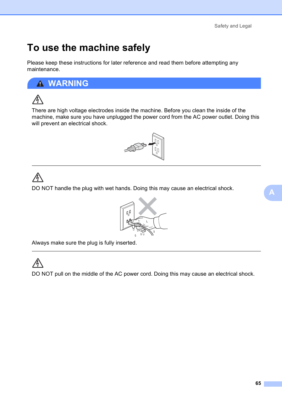 To use the machine safely, Warning, Always make sure the plug is fully inserted | Safety and legal 65 | Brother DCP-395CN User Manual | Page 77 / 140