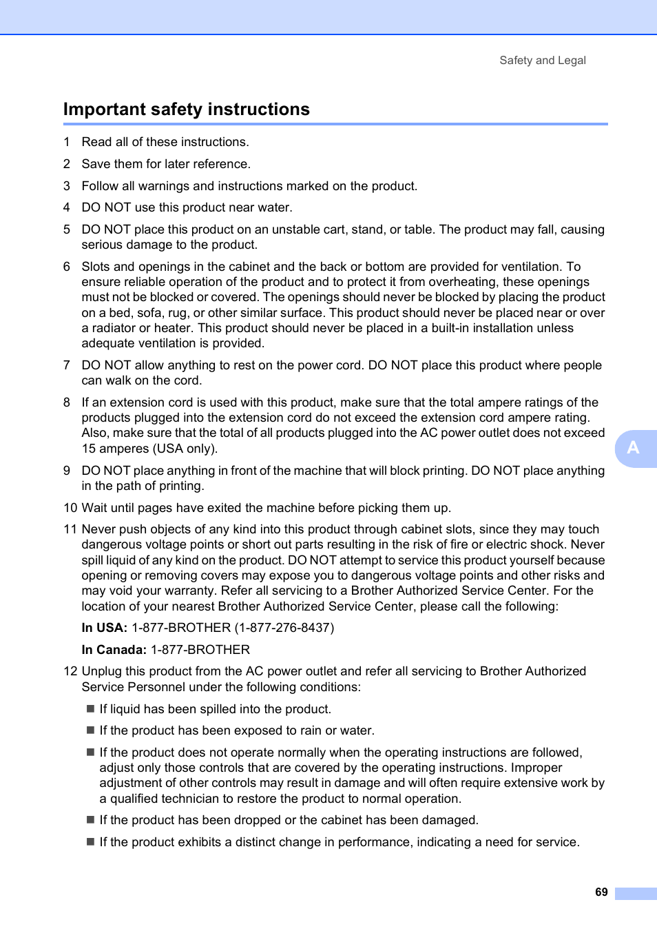 Important safety instructions, Aimportant safety instructions | Brother DCP-395CN User Manual | Page 81 / 140