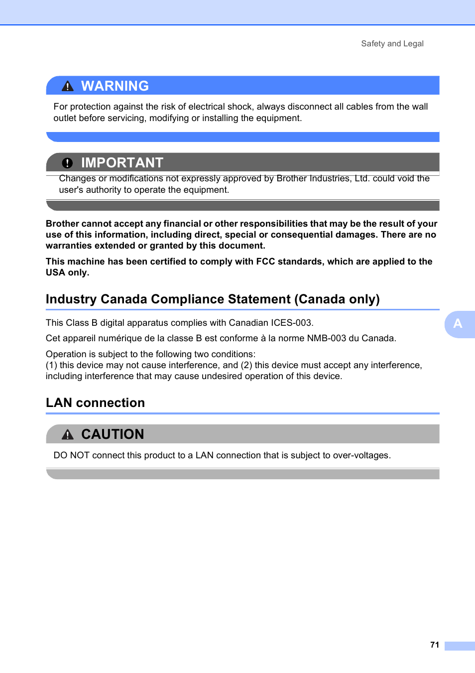 Industry canada compliance statement (canada only), Lan connection, Warning | Important, Caution | Brother DCP-395CN User Manual | Page 83 / 140