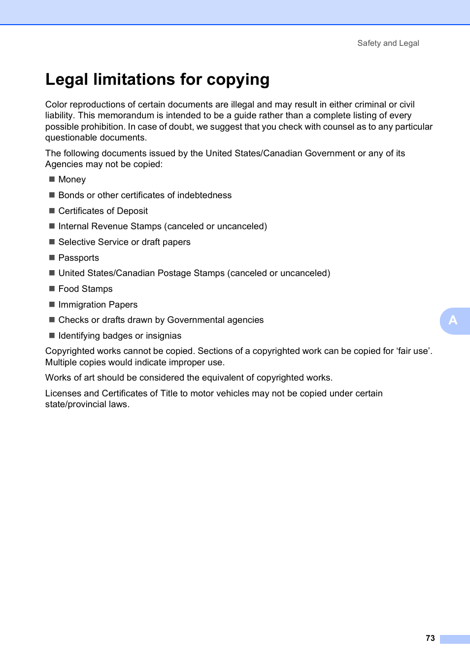 Legal limitations for copying | Brother DCP-395CN User Manual | Page 85 / 140