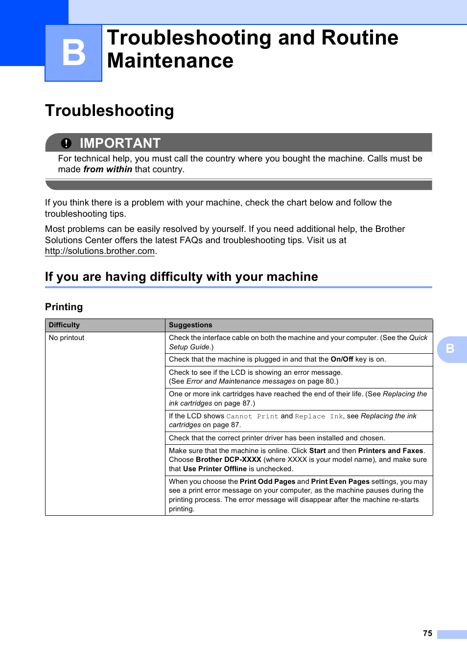 B troubleshooting and routine maintenance, Troubleshooting, If you are having difficulty with your machine | Troubleshooting and routine maintenance, Important | Brother DCP-395CN User Manual | Page 87 / 140