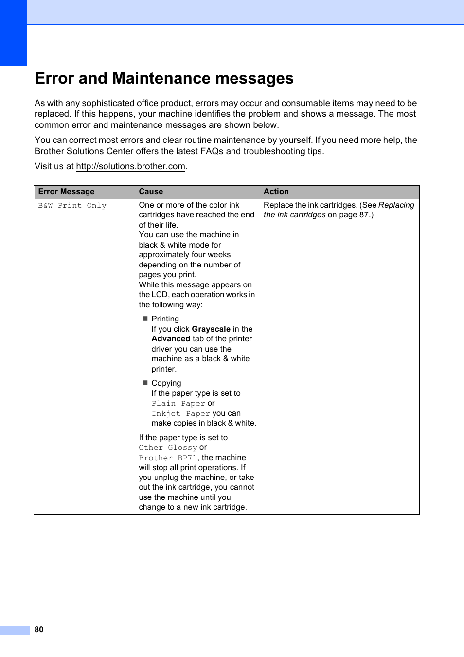 Error and maintenance messages | Brother DCP-395CN User Manual | Page 92 / 140