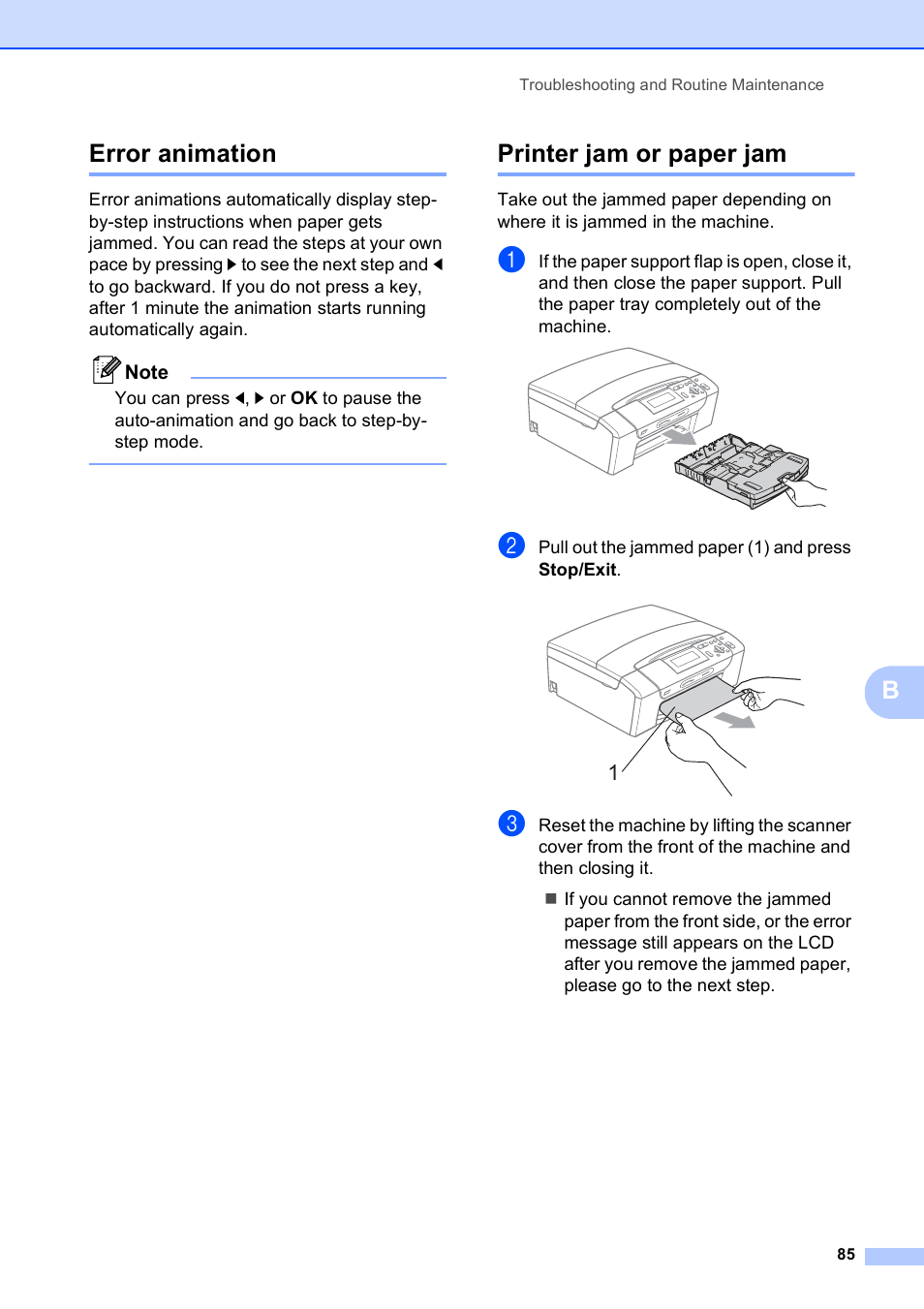 Error animation, Printer jam or paper jam, Error animation printer jam or paper jam | Berror animation | Brother DCP-395CN User Manual | Page 97 / 140