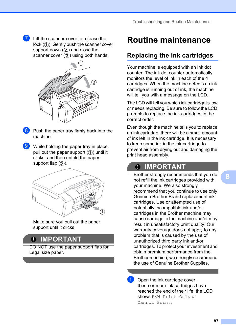 Routine maintenance, Replacing the ink cartridges, Important | Brother DCP-395CN User Manual | Page 99 / 140