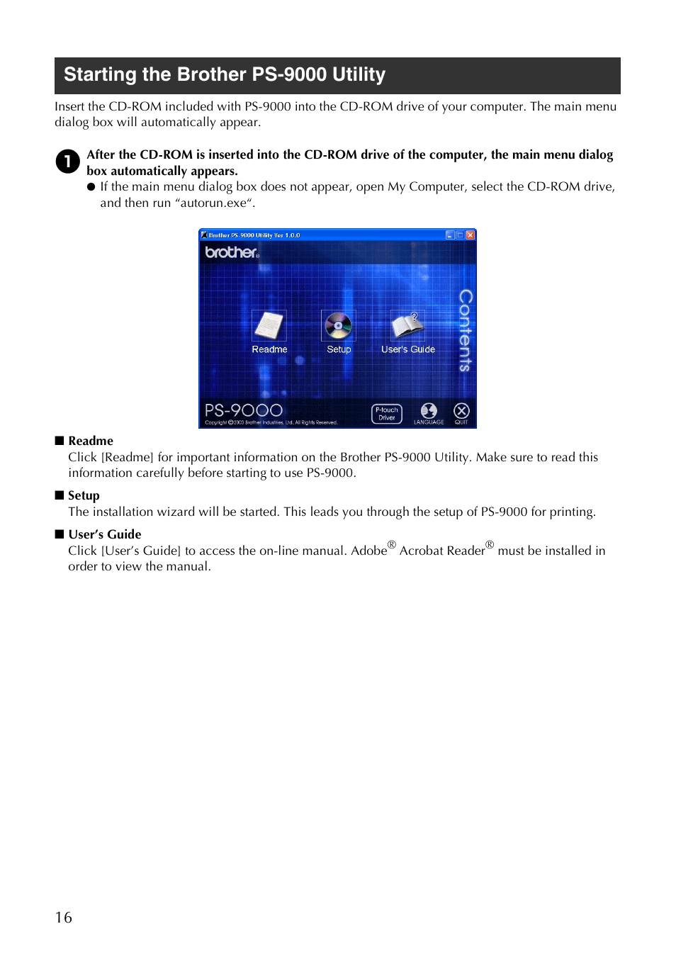 Starting the brother ps-9000 utility | Brother PS-9000 User Manual | Page 17 / 47