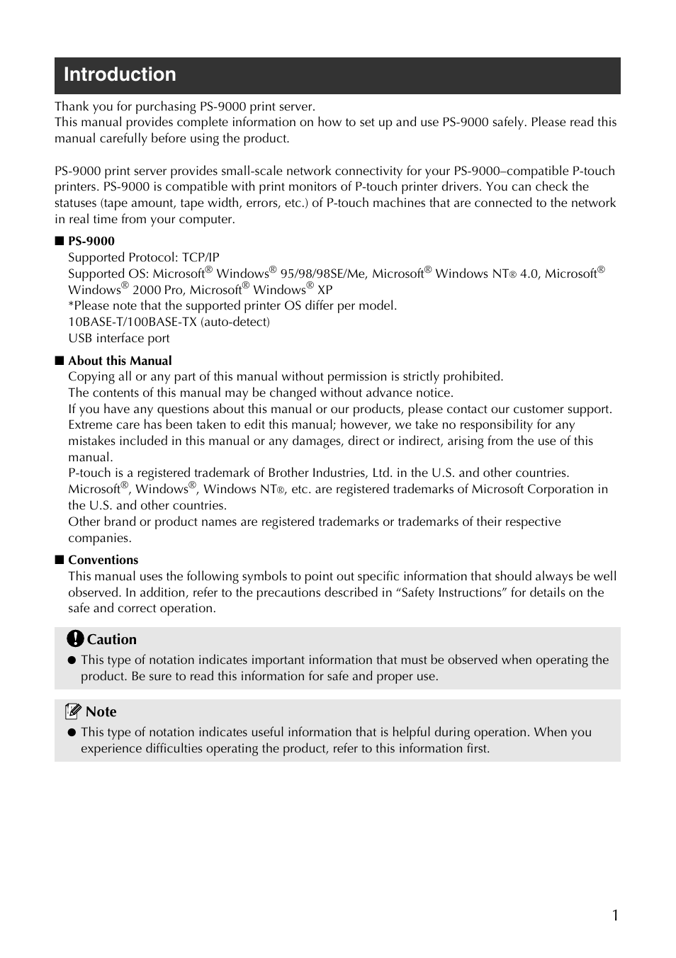Introduction, Caution | Brother PS-9000 User Manual | Page 2 / 47