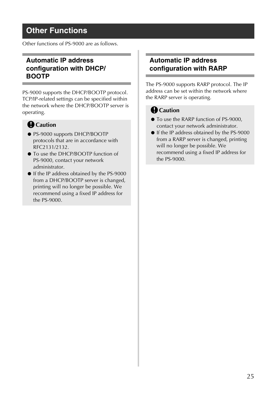 Other functions, Automatic ip address configuration with rarp | Brother PS-9000 User Manual | Page 26 / 47