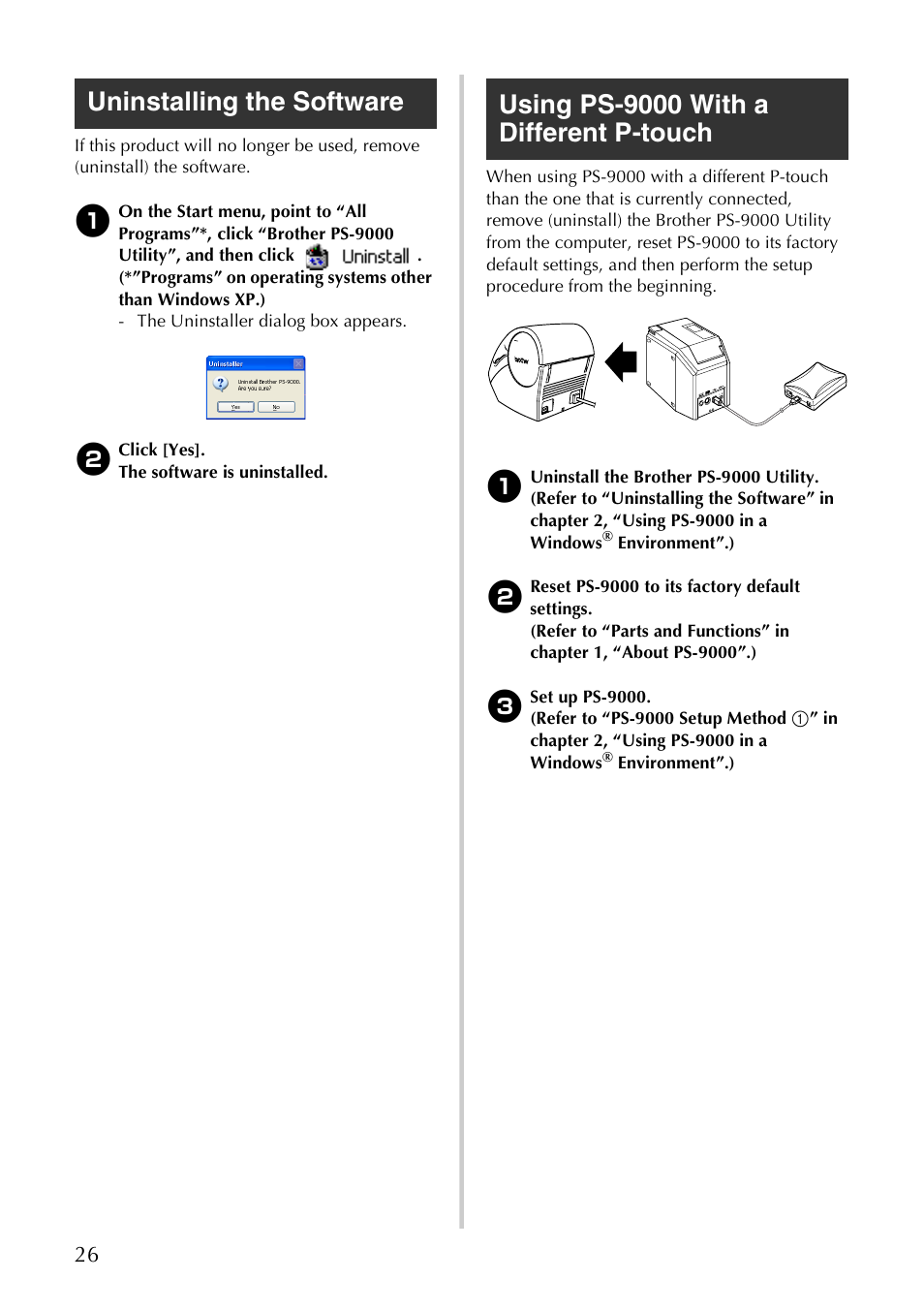 Uninstalling the software, Using ps-9000 with a different p-touch | Brother PS-9000 User Manual | Page 27 / 47