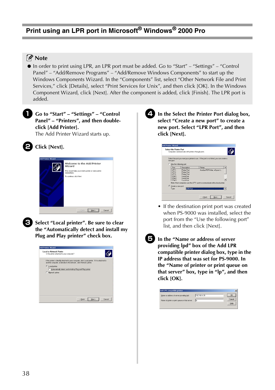 Print using an lpr port in microsoft, Windows, 2000 pro | 38 print using an lpr port in microsoft | Brother PS-9000 User Manual | Page 39 / 47