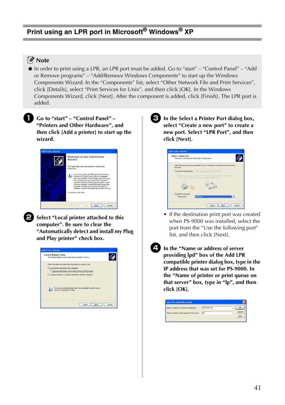 Print using an lpr port in microsoft® windows® xp, Print using an lpr port in microsoft, Windows | 41 print using an lpr port in microsoft | Brother PS-9000 User Manual | Page 42 / 47