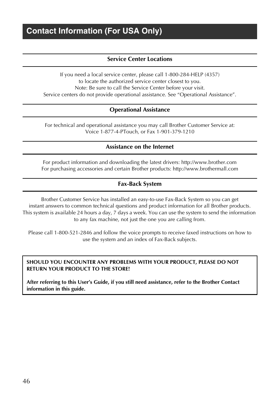 Contact information (for usa only) | Brother PS-9000 User Manual | Page 47 / 47