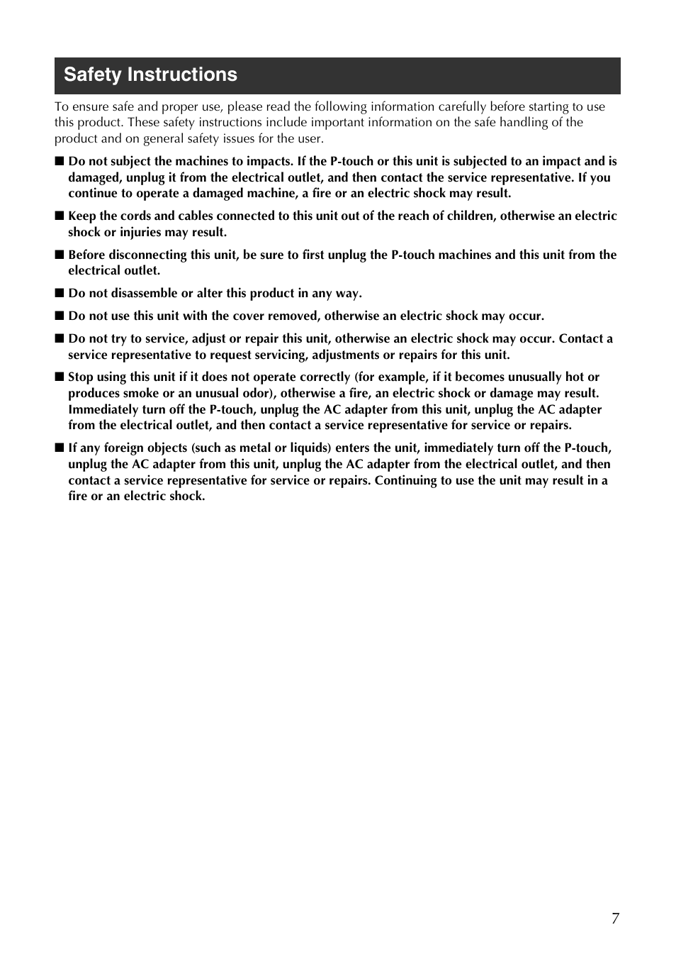 Safety instructions | Brother PS-9000 User Manual | Page 8 / 47