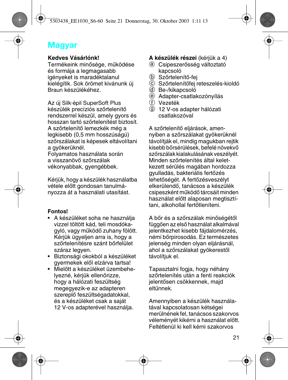 Magyar | Braun EE1030 Silk-épil SuperSoft User Manual | Page 20 / 57