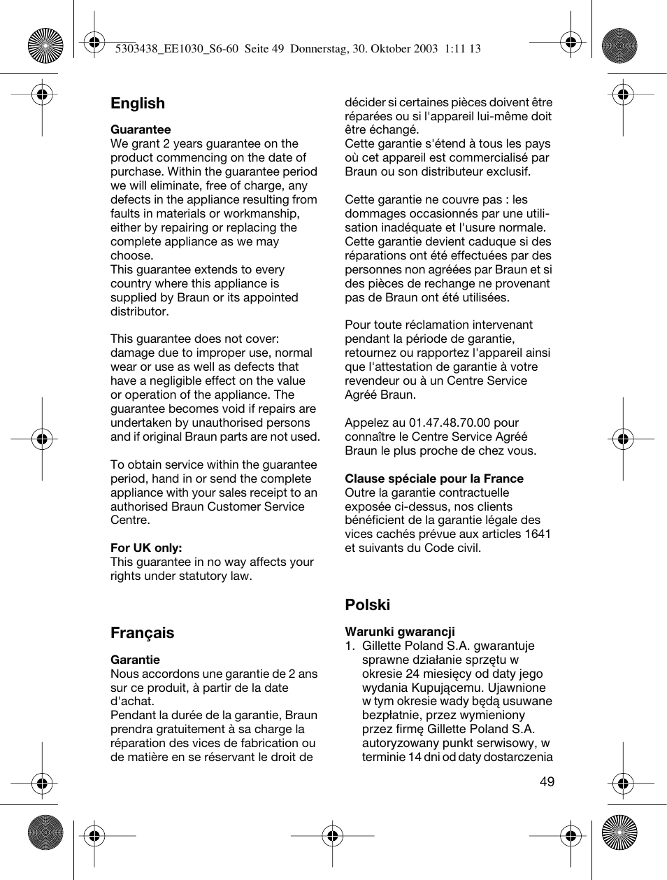 English, Français, Polski | Braun EE1030 Silk-épil SuperSoft User Manual | Page 48 / 57