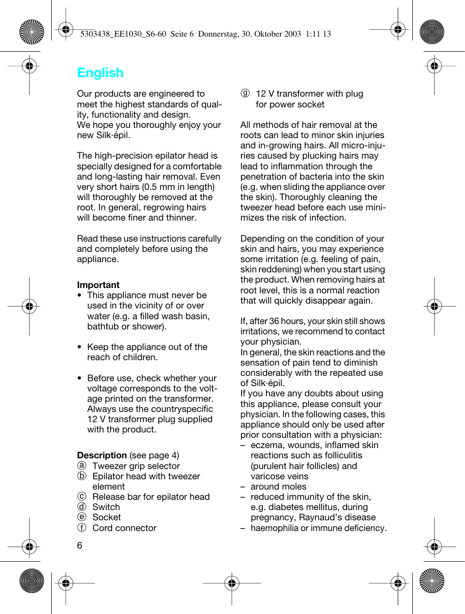 English | Braun EE1030 Silk-épil SuperSoft User Manual | Page 5 / 57