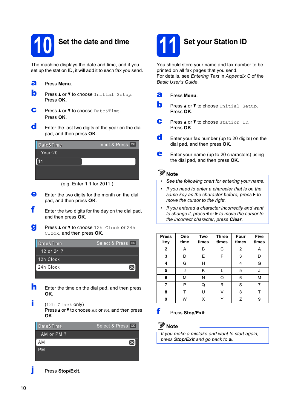 10 set the date and time, 11 set your station id, Set the date and time | Set your station id | Brother MFC J6510DW User Manual | Page 10 / 40