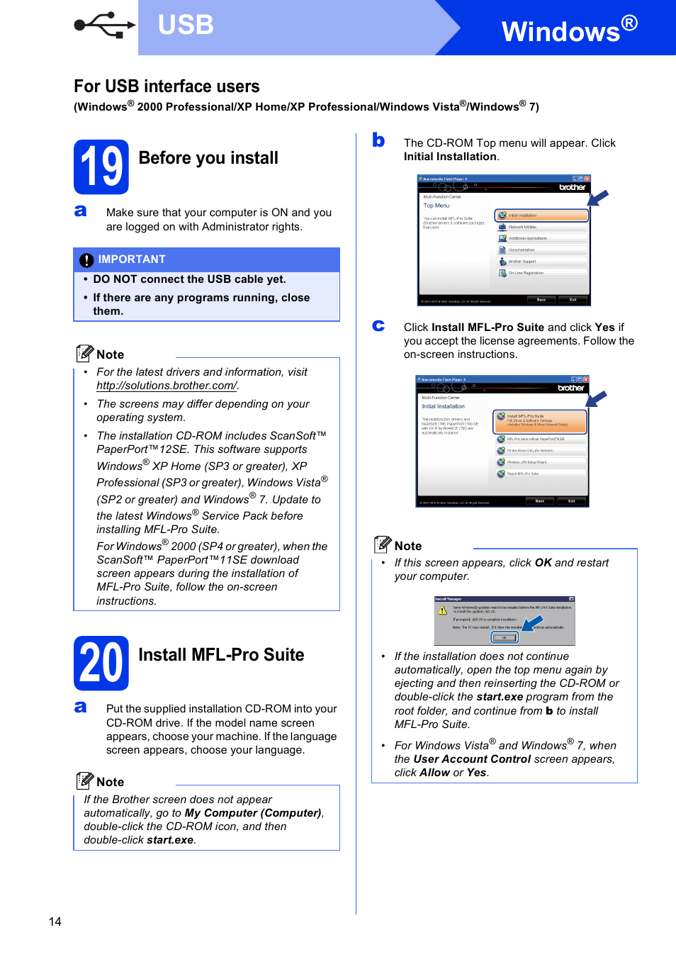 19 before you install, 20 install mfl-pro suite, Windows | For usb interface users, Before you install, Install mfl-pro suite | Brother MFC J6510DW User Manual | Page 14 / 40