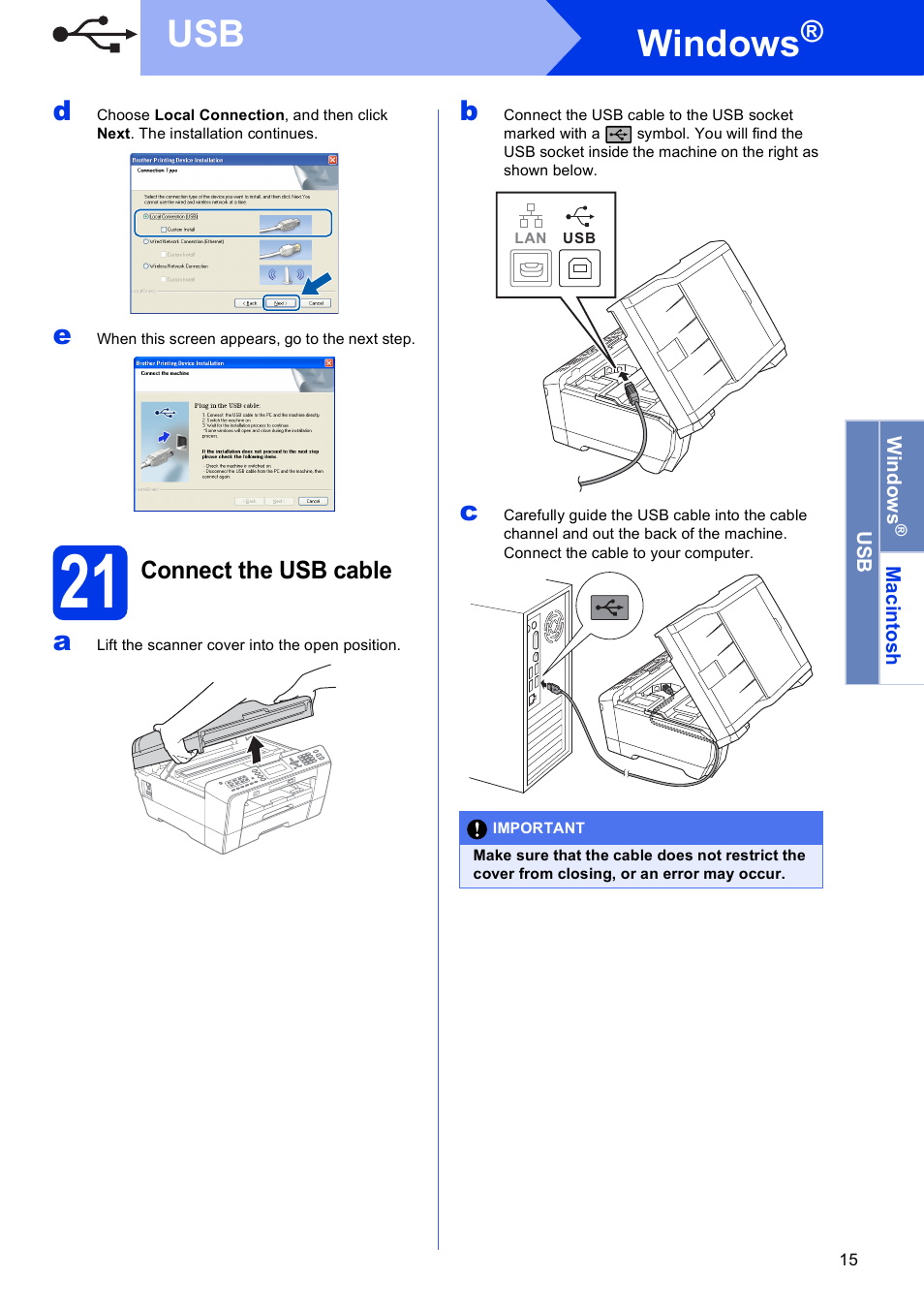 21 connect the usb cable, Windows | Brother MFC J6510DW User Manual | Page 15 / 40