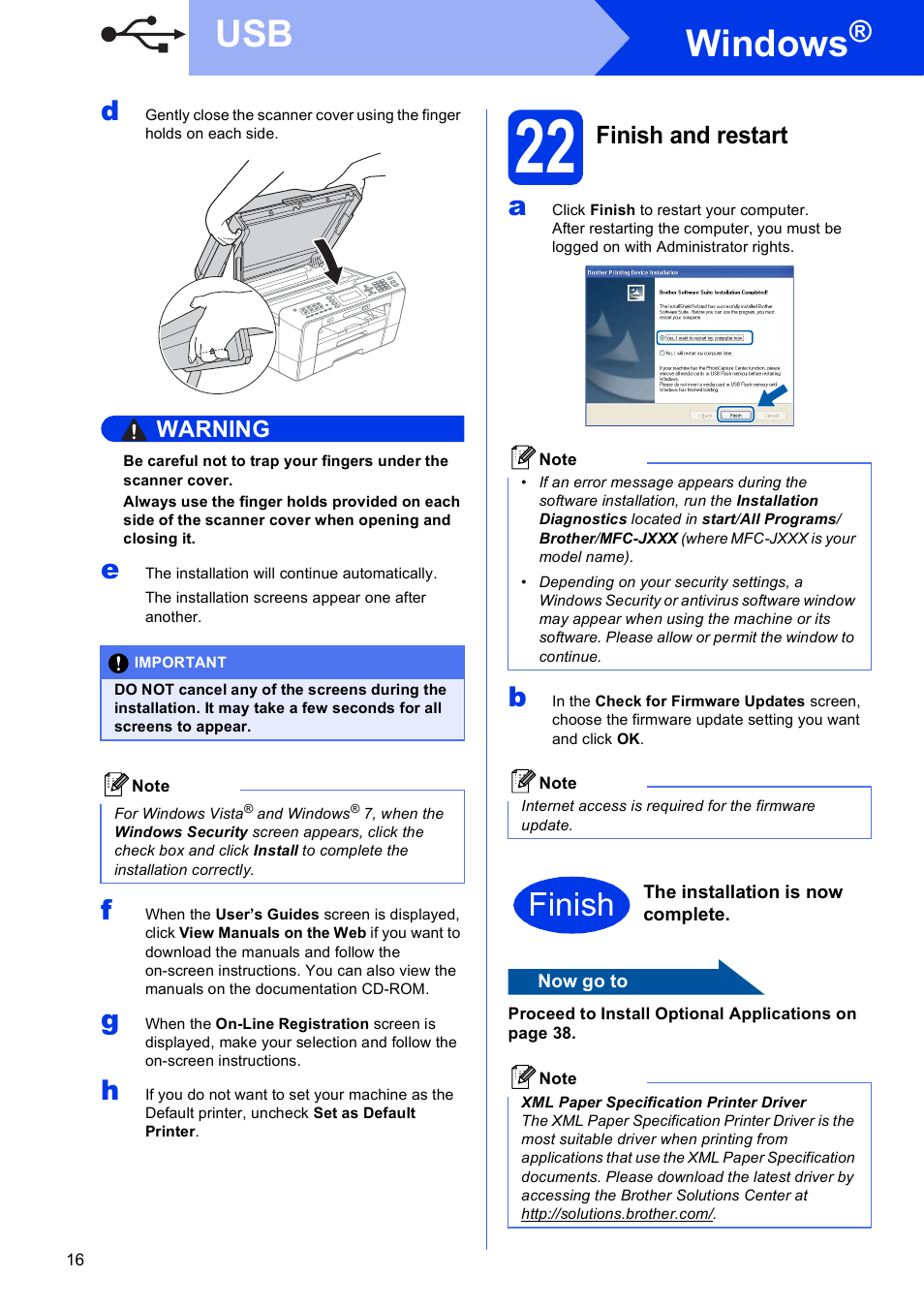 22 finish and restart, Windows, Finish | Finish and restart | Brother MFC J6510DW User Manual | Page 16 / 40