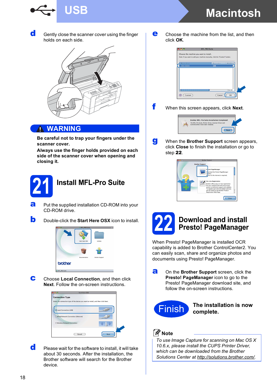 21 install mfl-pro suite, Macintosh usb, Finish | Brother MFC J6510DW User Manual | Page 18 / 40