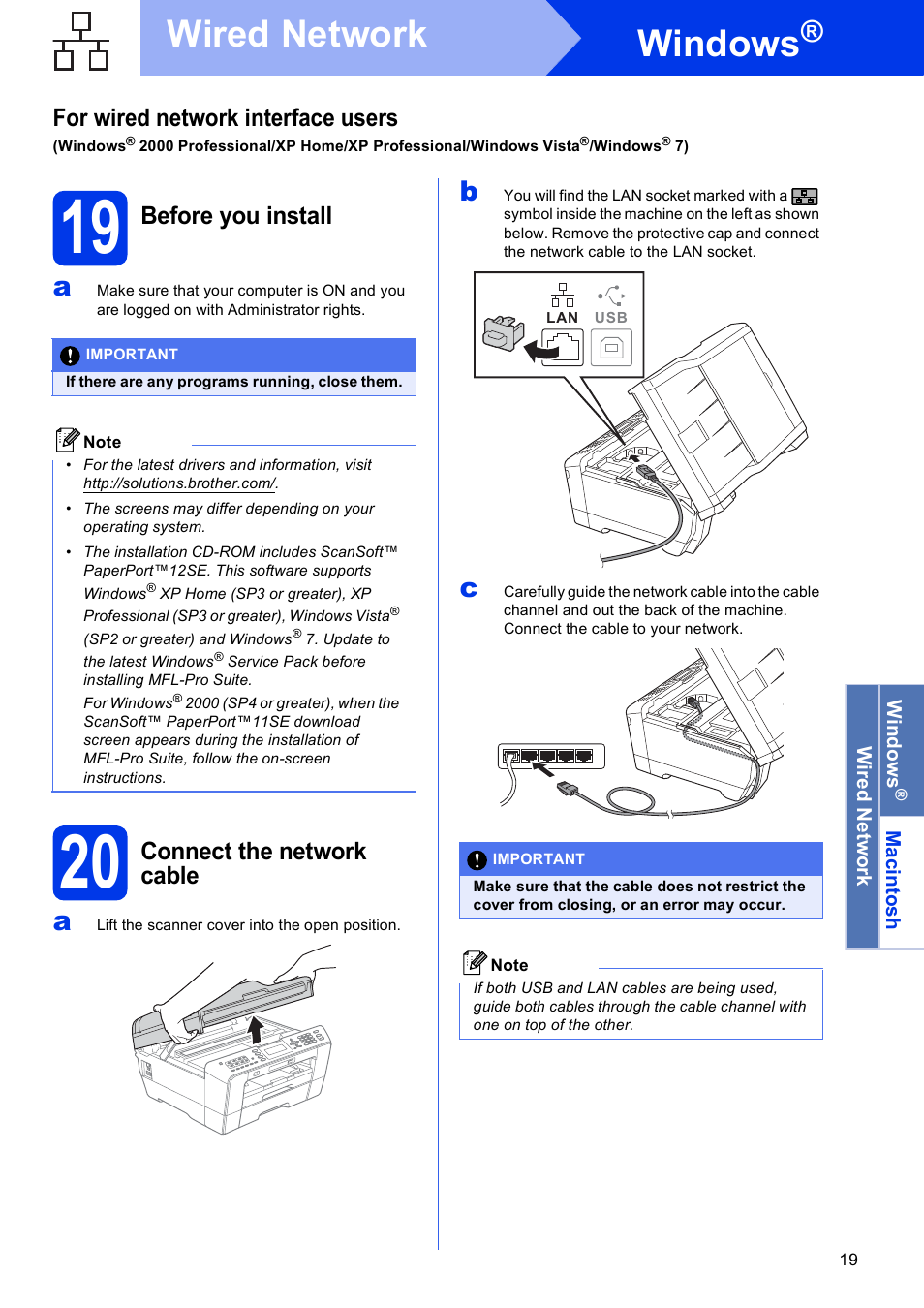 19 before you install, 20 connect the network cable, Windows | Wired network, For wired network interface users, Before you install, Connect the network cable | Brother MFC J6510DW User Manual | Page 19 / 40