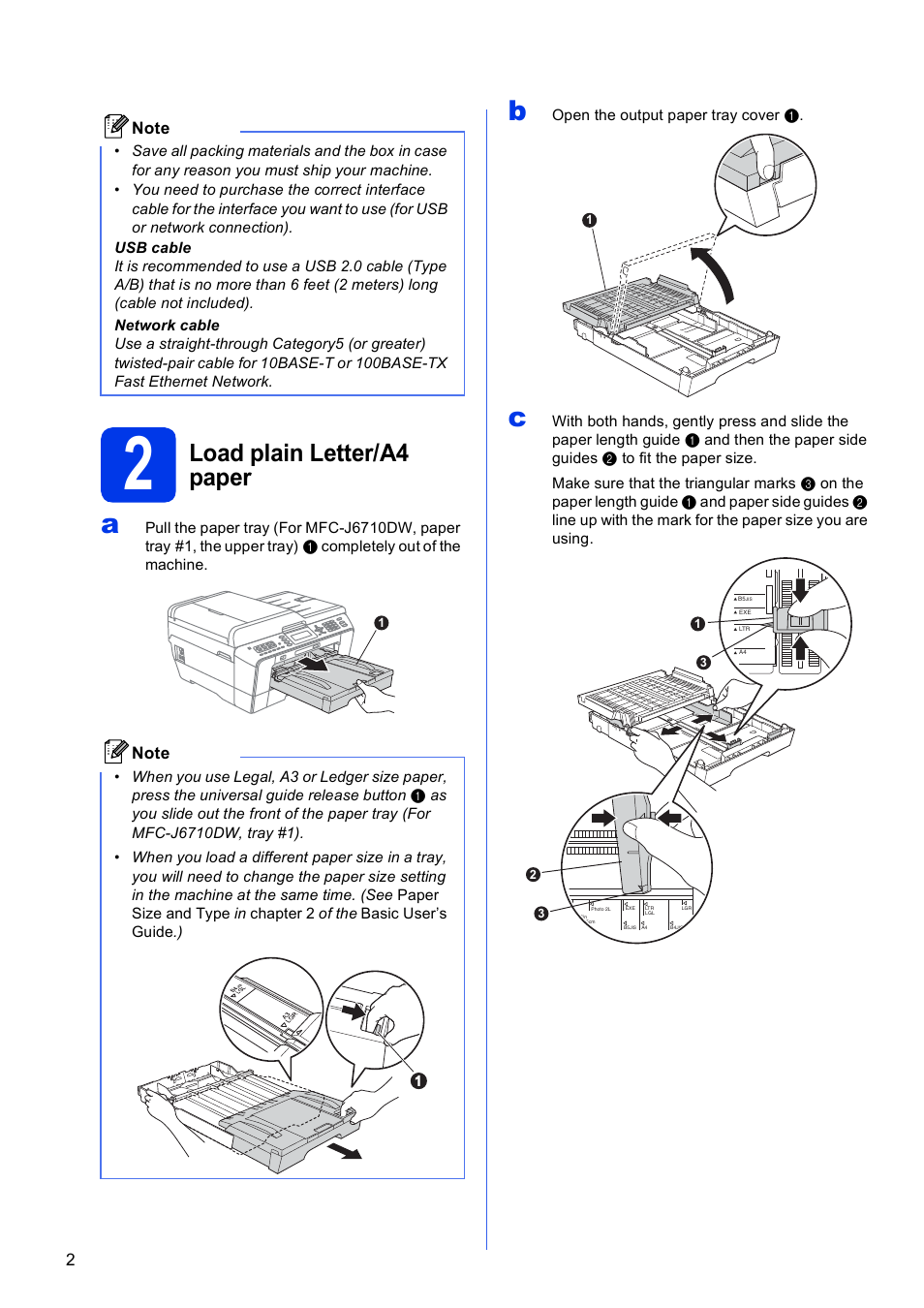 2 load plain letter/a4 paper, Load plain letter/a4 paper | Brother MFC J6510DW User Manual | Page 2 / 40