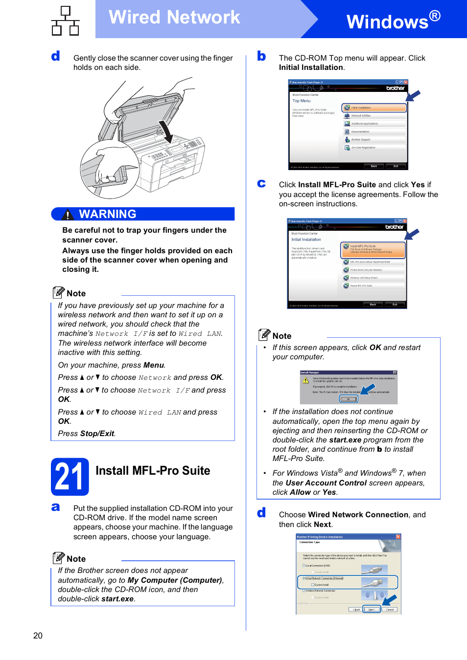 21 install mfl-pro suite, Windows, Wired network | Install mfl-pro suite | Brother MFC J6510DW User Manual | Page 20 / 40