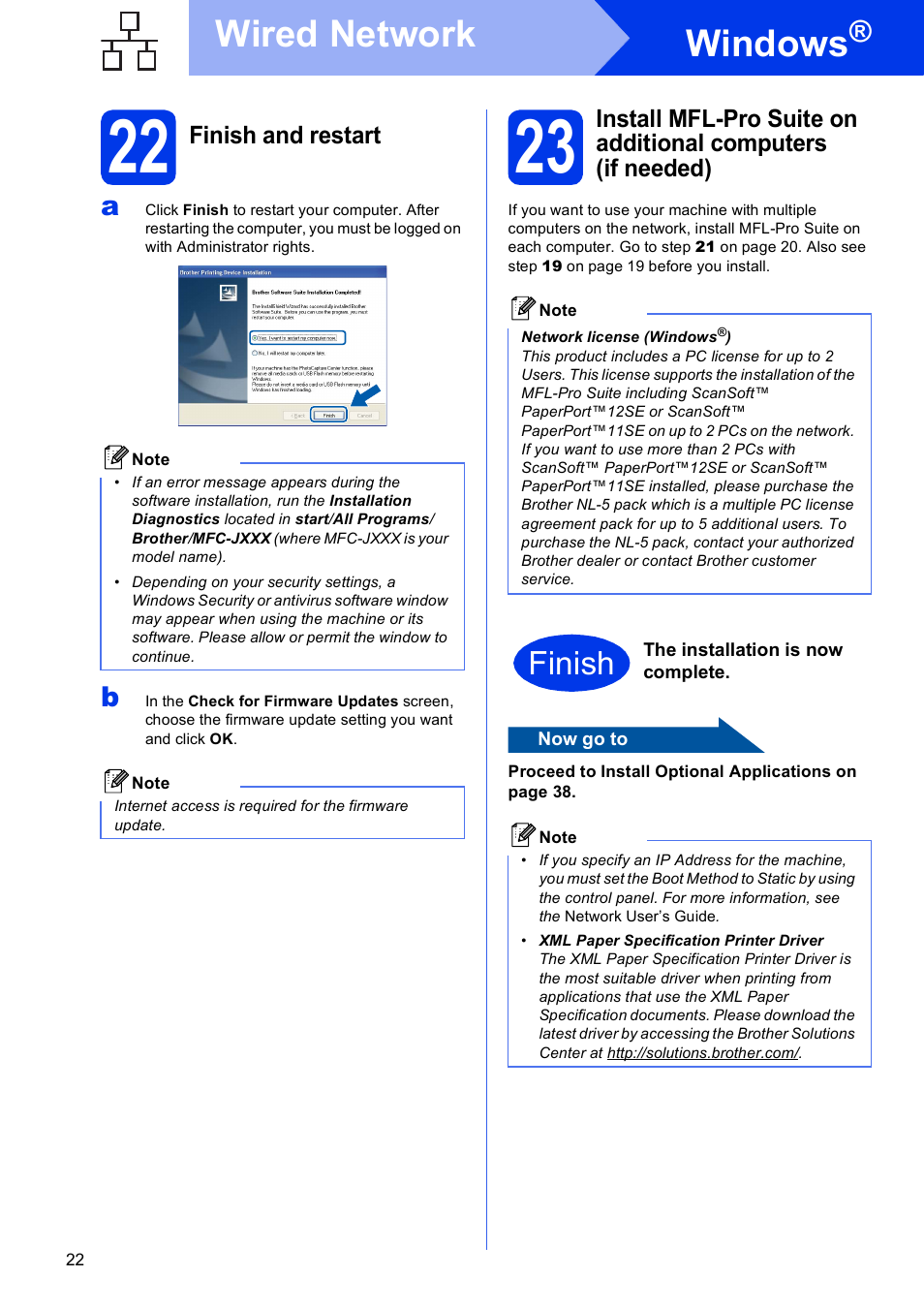 22 finish and restart, Windows, Wired network | Finish | Brother MFC J6510DW User Manual | Page 22 / 40