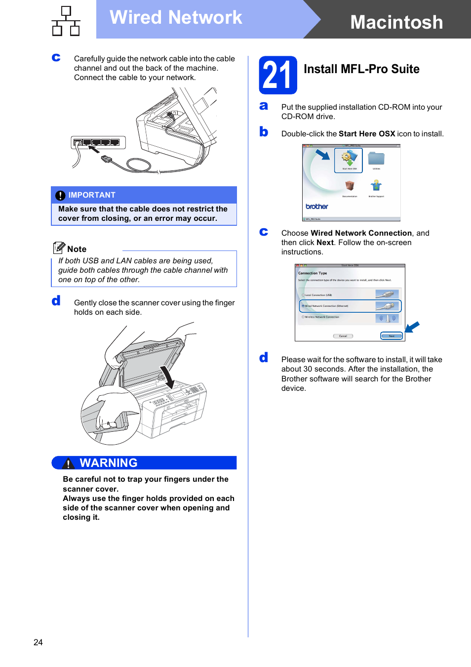 21 install mfl-pro suite, Macintosh wired network | Brother MFC J6510DW User Manual | Page 24 / 40