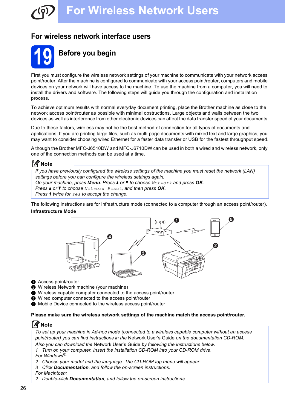 For wireless network interface users, 19 before you begin, For wireless network users | Before you begin | Brother MFC J6510DW User Manual | Page 26 / 40